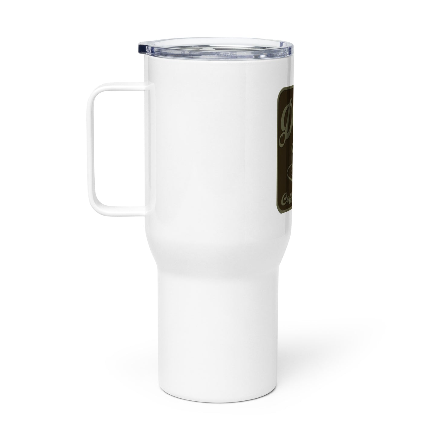 Travel mug with a handle brown logo